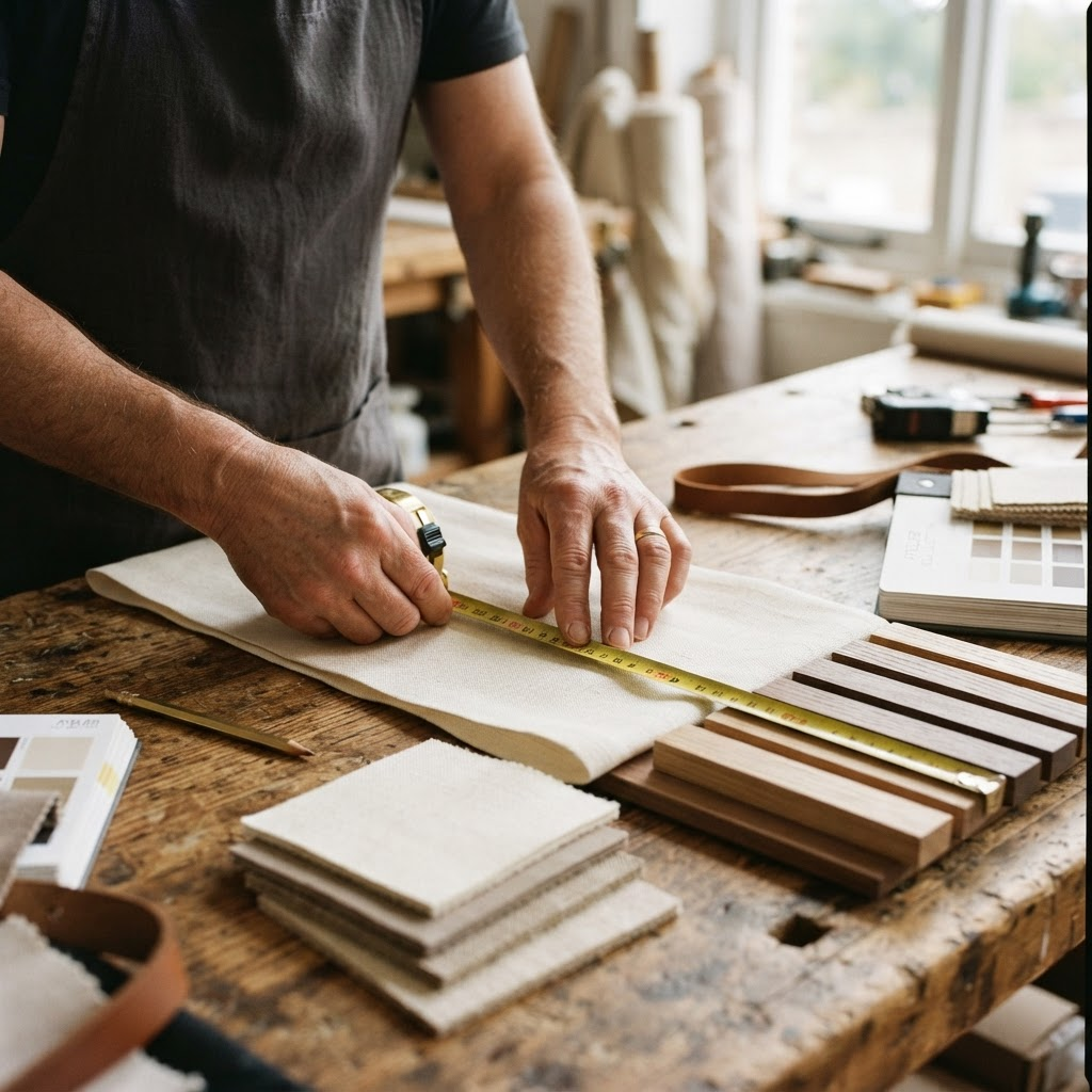 Artisan measuring premium blind fabric and wood samples on a workbench