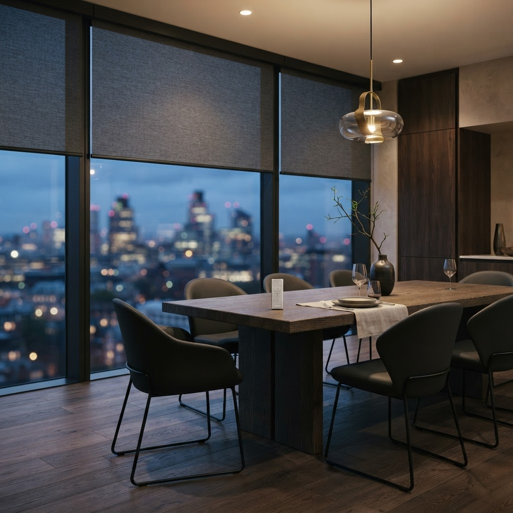 Modern dining space with motorised roller shades half-lowered over floor-to-ceiling windows at dusk